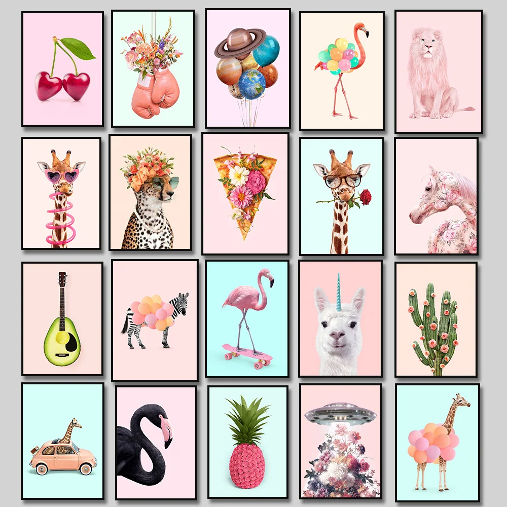 Funny Animal Flower Giraffe Leopard Zebra Pink Lollipop Lion Pizza Canvas Painting Poster and Print Wall Art for Room Home Decor