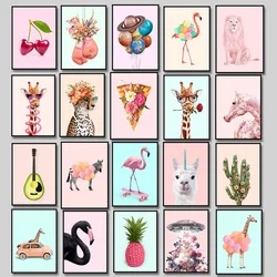 Funny Animal Flower Giraffe Leopard Zebra Pink Lollipop Lion Pizza Canvas Painting Poster and Print Wall Art for Room Home Decor
