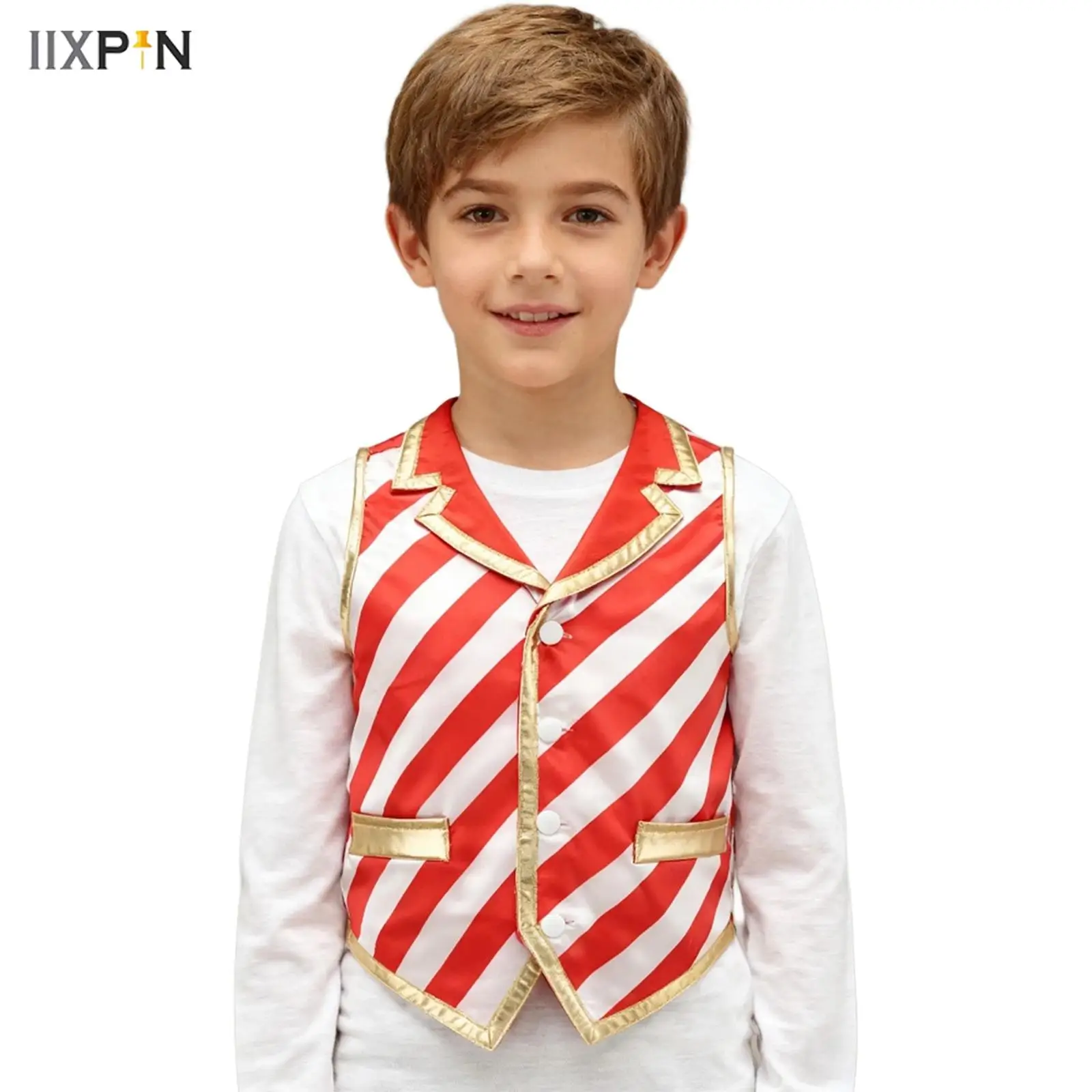 

Boys Girls Christmas Vest Candy Cane Striped Costume Xmas Santa Claus Role Play Sleeveless Waistcoat Top for Theme Party Cosplay