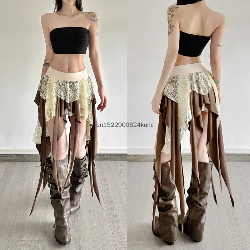 Image of Hotsweet Mädchen Spitzen-Fransen-Rock Y2k Ästhetik Cyber Grunge Unregelmäßiger Minirock Damen 90er Vintage Fairy Coquette Kurzer Rock