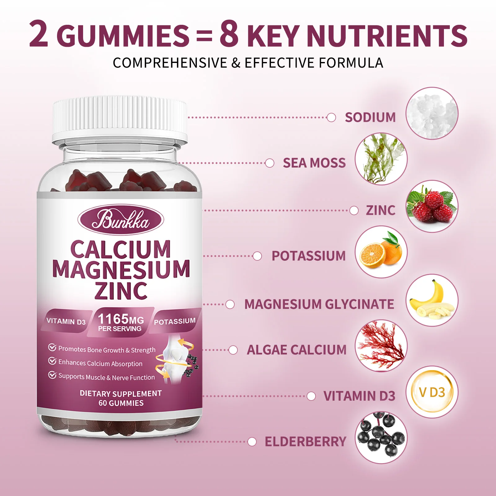 BUNKKA Calcium Magnesium Zinc Gummies with Vitamin D3 Potassium Magnesium Bone Growth&Strength Muscle Builder Sleep Quality