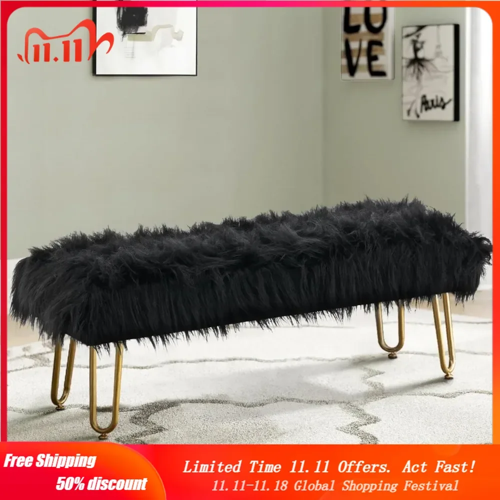 

Black Faux Fur Ottoman Bench Upholstered Furry Entryway Bedroom Bench with Gold Metal Legs