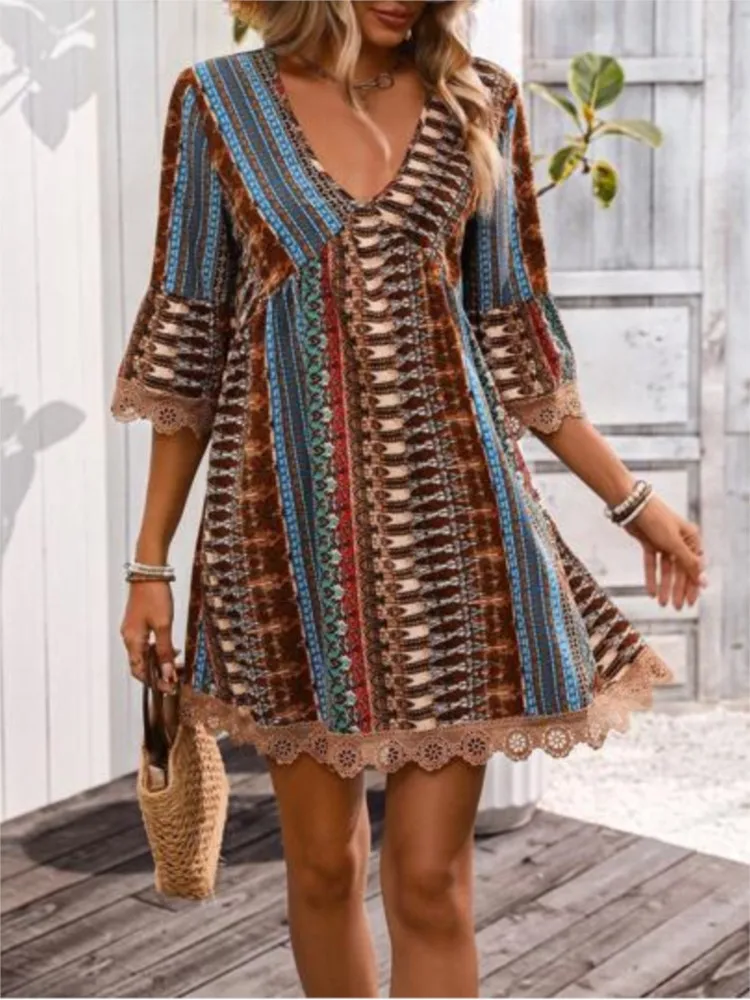 

Summer Fashion Floral Printed Loose Mini Dresses Women Casual V Neck 3/4 Sleeve Lace Patchwork Beach Party Dress Vestido