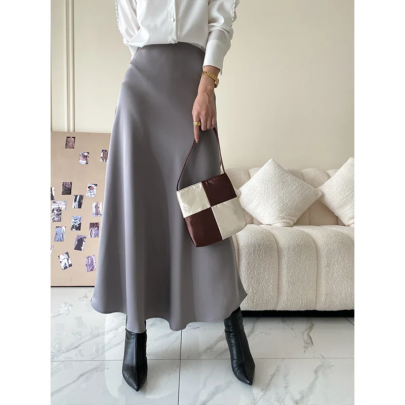 DUEWEER Satin Long Skirts Office Wear 2022 Fall Bottoms Elegant Fashion Women Midi Skirt Vintage Ladies Luxury Evening Dresses