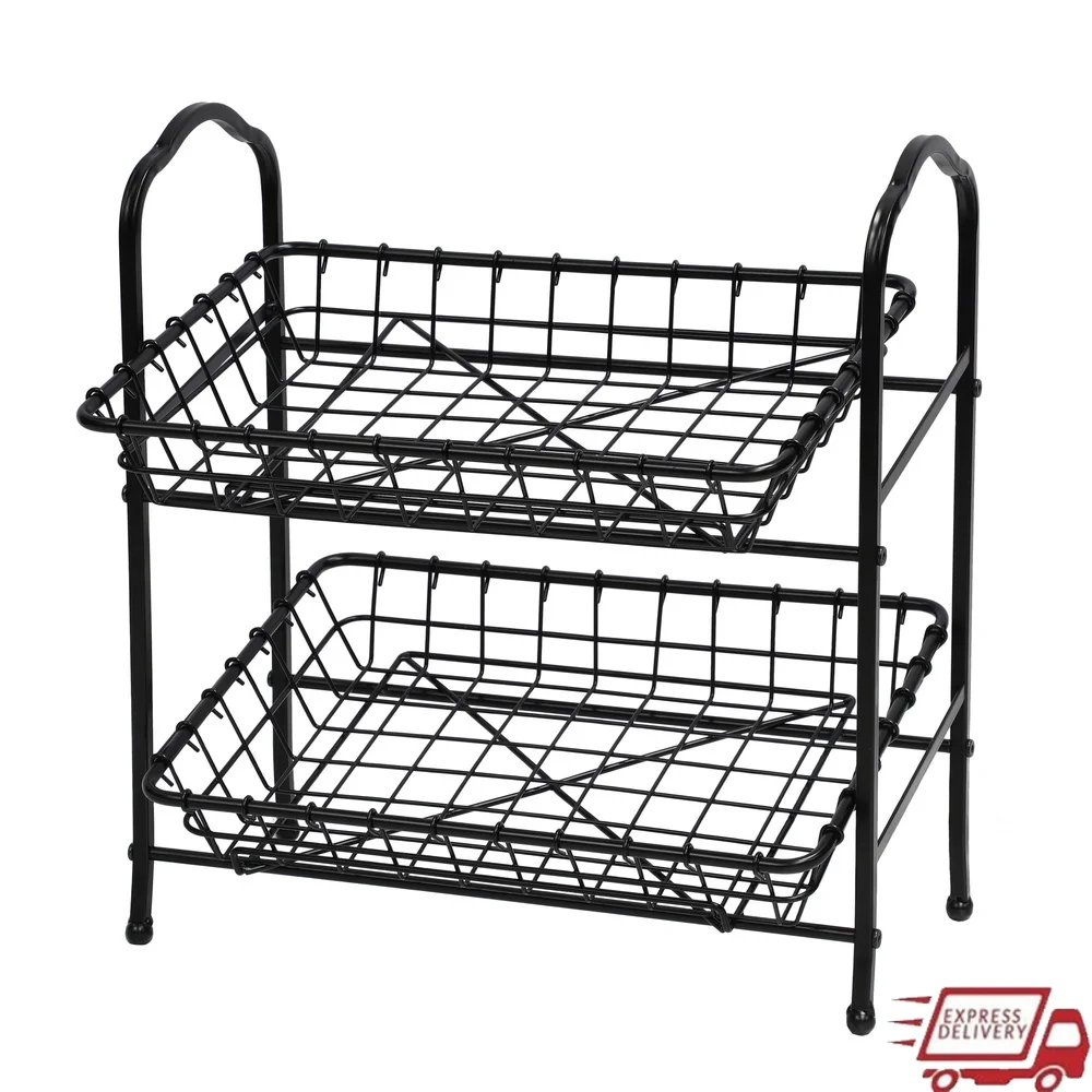 

2-Tier Hand Crafted Metal Basket Durable Finish Space Saving Storage Display Fruit Basket with Handles Home Decor