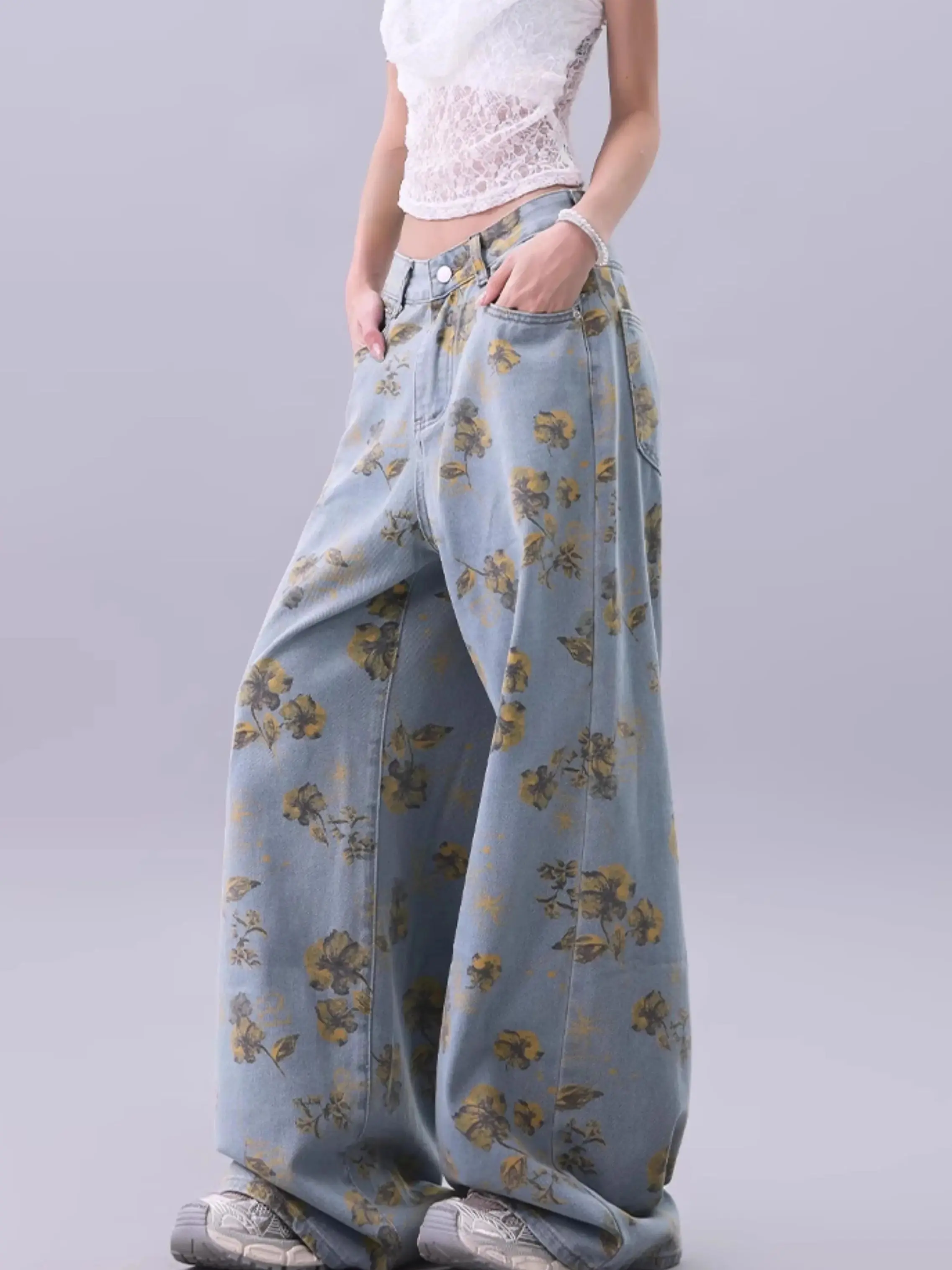 

Vintage Floral Print High Waist High Street Blue Straight Jeans Pants Korean Fashion Women's Wide Leg Baggy Denim Trouser Y2K