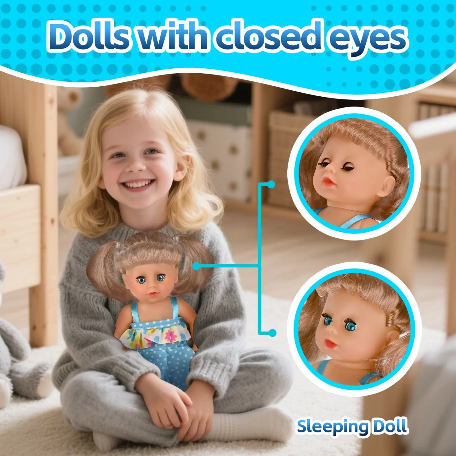 9 Inch Realistic Baby Doll with Open Close Eyes | Soft Body & Vinyl Head | Blue Polka Dot Dress | Perfect Gift for Kids, Include