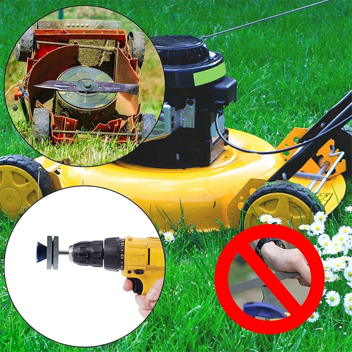 

ABYA 4PCS Lawn Mower Blade Sharpener,Mower Blade Sharpener with Blade Balancer for Any Power Drill Hand Drill