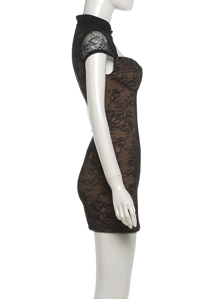 Weird Puss Blumen-Dekorationskleid für Damen, Hottie Patchwork-Spitze, hohler Stehkragen, eng anliegendes Hottie-Midnight-Sexy-Mini-Bodycon-Kleid – Detail 4