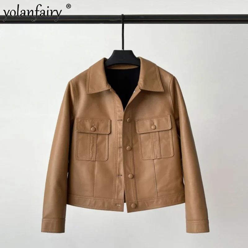 Veste de moto en cuir naturel pour femme, manteau en peau de mouton véritable, vêtements courts, printemps, automne, nouveau, 2023