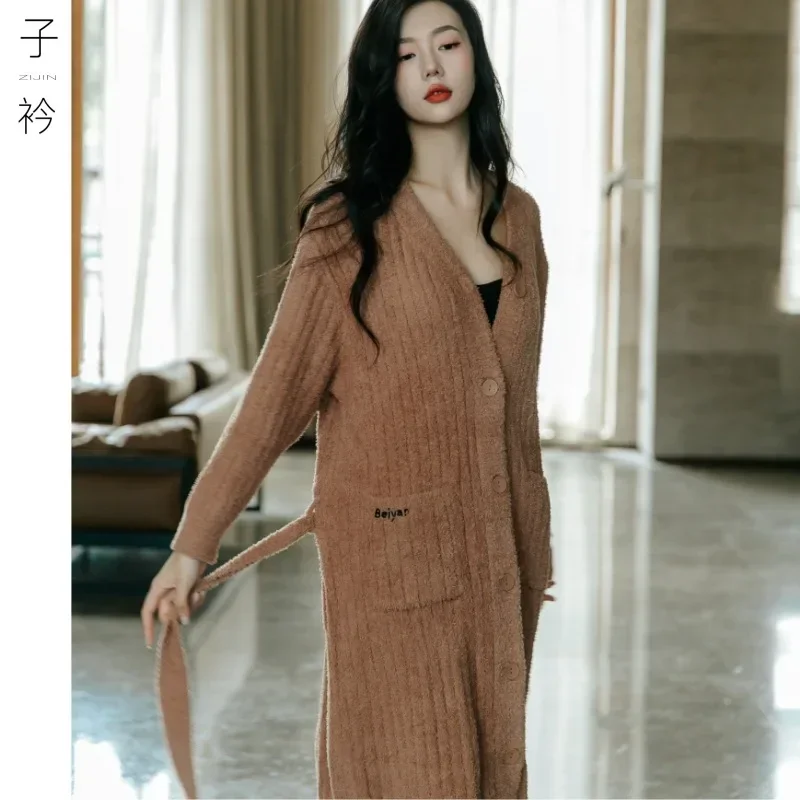 Autumn and Winter Women's Pajamas Cardigan with Pockets Pajamas Gentle and Lazy Homewear Solid Color Lace up Bathrobe