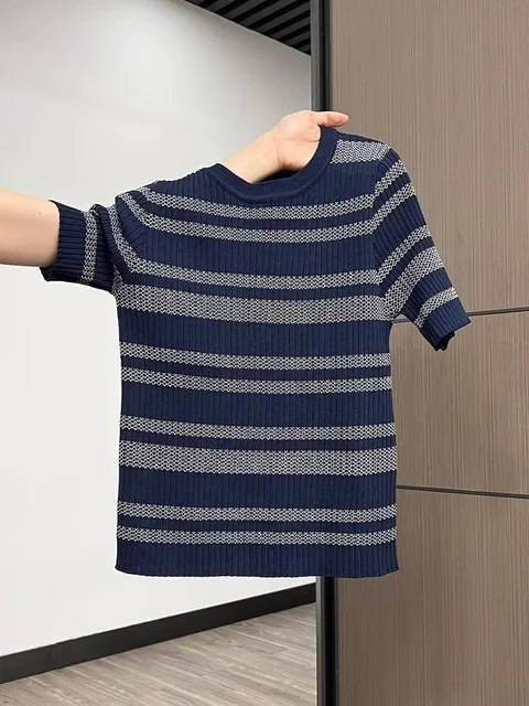 2025Ropa Mujer Gestreiften Frauen T Shirt Gestrickte Tops Kurzarm Oansatz Tunika Camisetas Koreanische Tees Casual Chic Sommer T-shirts