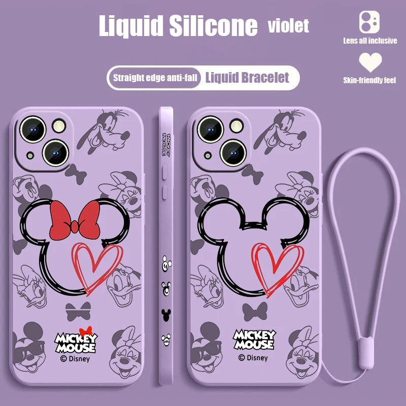 Disney Mickey Mouse Logo For Apple iPhone 15 14 13 12 11 XS XR X 8 7 Pro Max Plus Mini Liquid Left Rope Phone Case