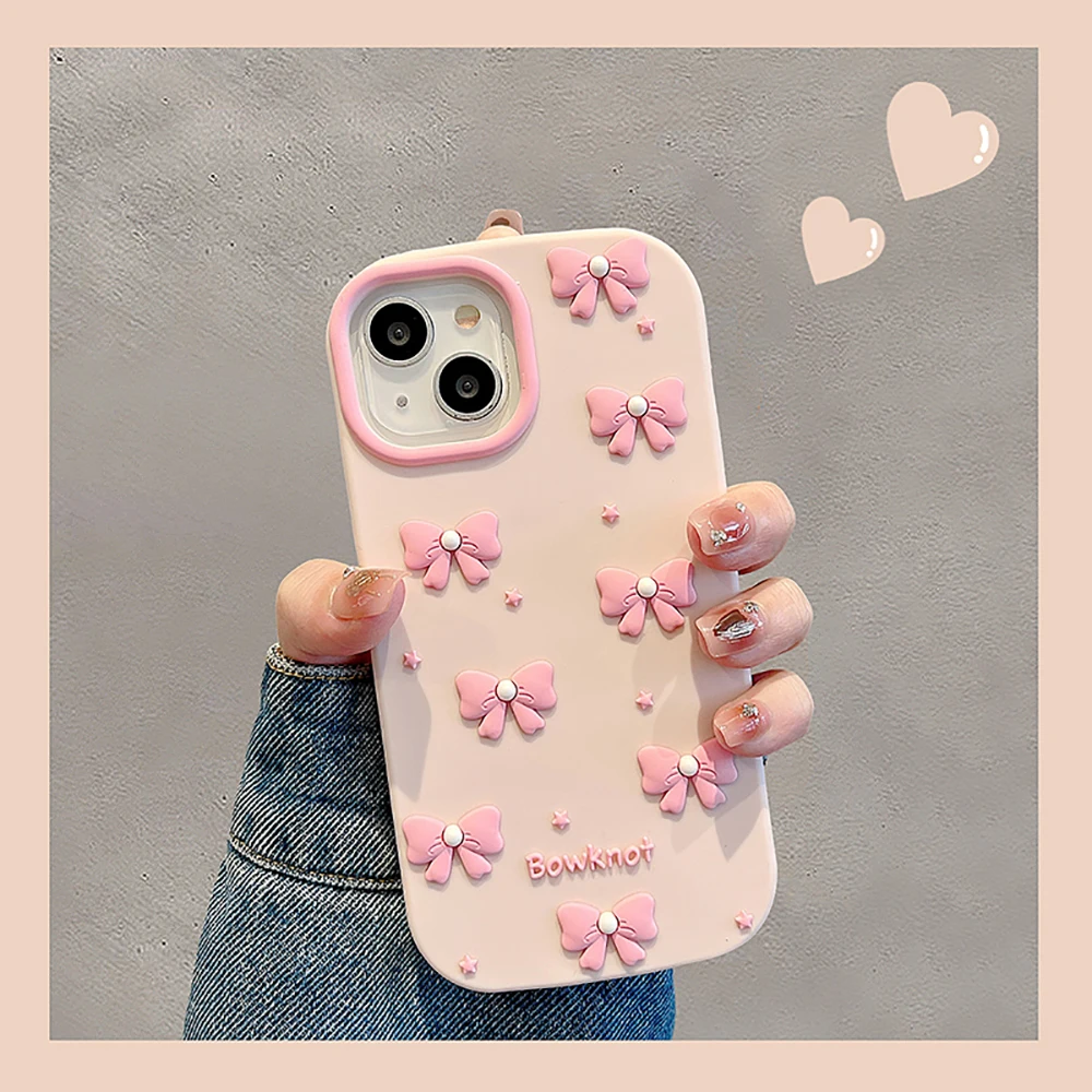 

Cute Korean 3D Pink Bowknot Stand Holder Phone Case for IPhone 16 15 14 13 12 11 Pro Max 15Plus Silicone Shockproof Cover Case