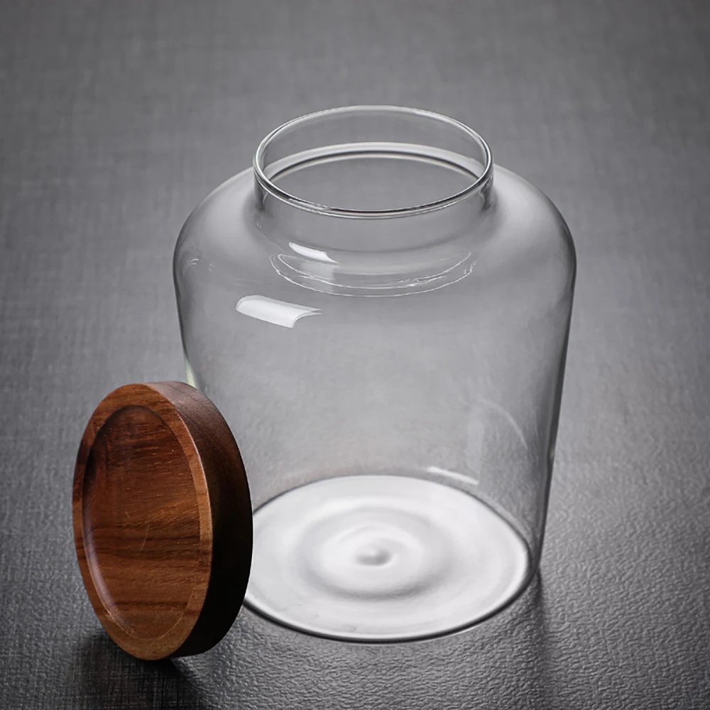 Kitchen Storage Bottles Jar Glass Airtight Canister Grains Tea Coffee Beans Grains Candy Jars Wood Lid Containers Food Container