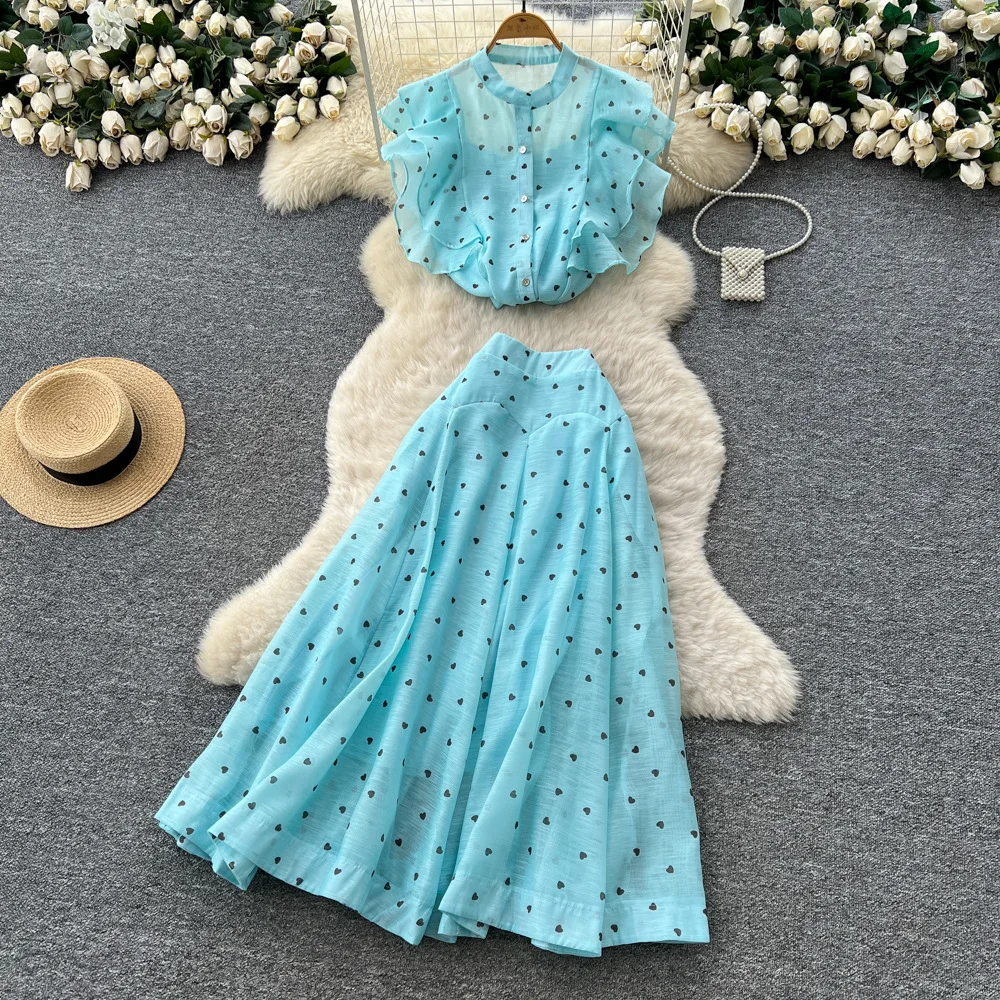 

2026 New Temperament Two Piece Set Women Gentle Style Round Neck Ruffle Heart Print Top High Waist Big Swing Half Skirt