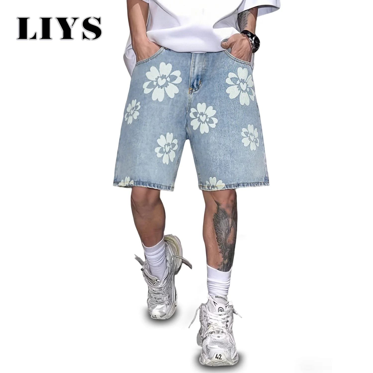

Мужские джинсовые шорты-бермуды LIYS в корейском стиле, свободные, широкие, до колена, унисекс, для пар, светло-голубые, из денима