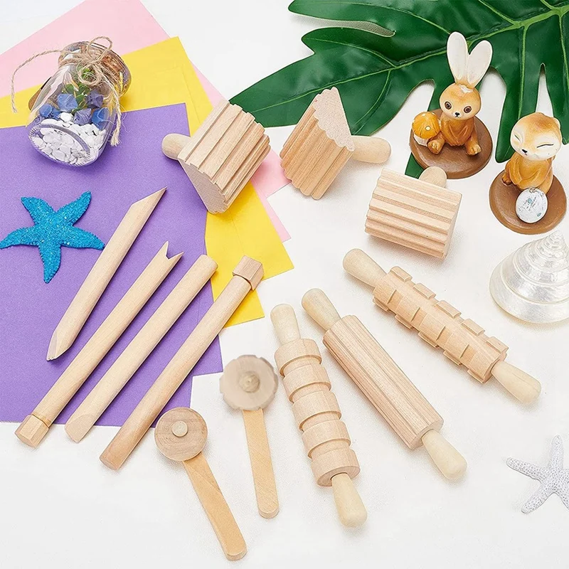 Clay and Dough Wood Pottery Tools, Play Accessories, Inclui Rolos, Martelo, Party Pack, Selos para Clay Art, 12Pcs