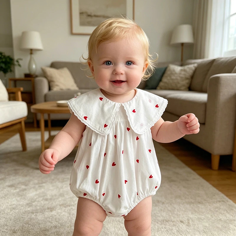 

2026 New Summer Newborn Baby Girl Jumpsuit 0-24M Baby Girl Clothing Sleeveless Cotton Heart Print Princess White Rompers