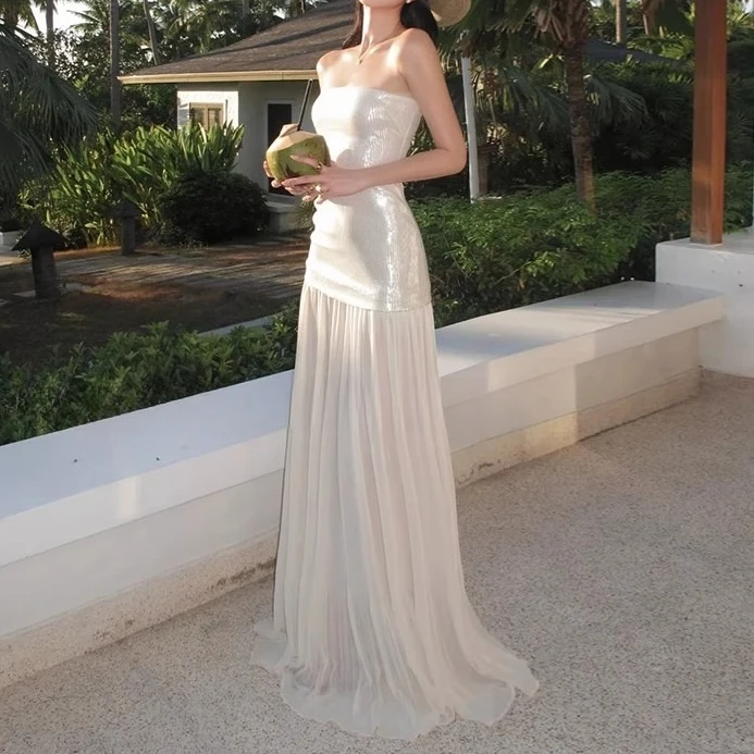 

Beige Strapless Elegant Dress Women Sequin Embroidery Summer Holiday Party Vestidos Bodycon Streetwear Chic Clothing Lady