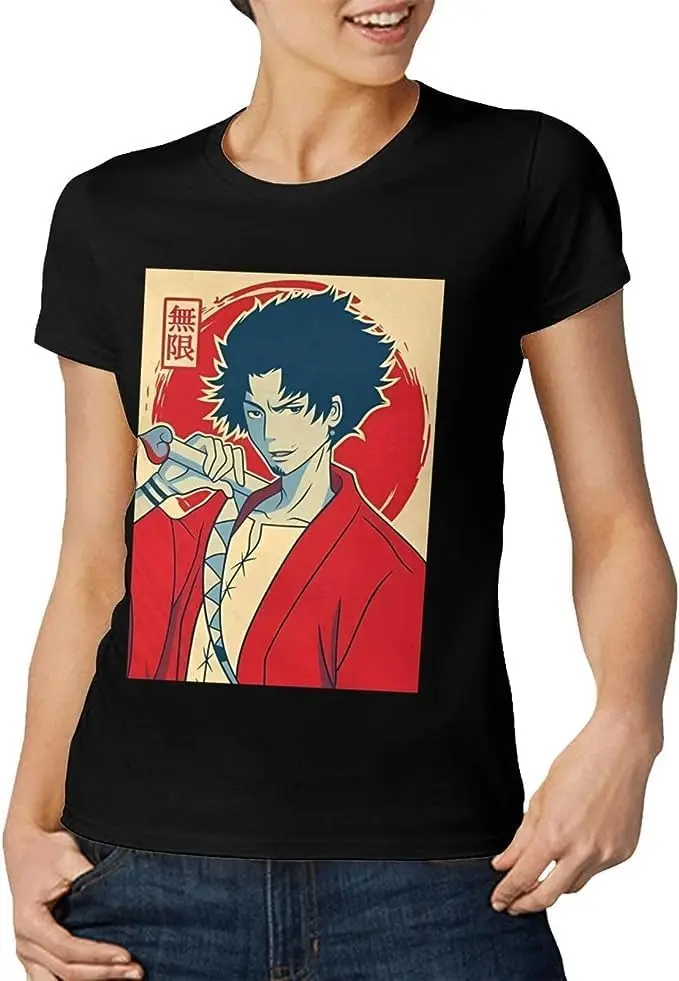 Samurai Anime Champloo Shirt Women's Fashion Short Sleeve Cotton T Shirts Quick Dry Pattern Custom Tee Tops Black