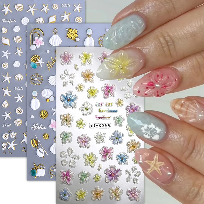 1 pz 5D Bianco Ibisco Floreale Oro Oceano Animali In Rilievo Unghie artistiche Adesivi Conchiglie Metalliche Conchiglia Stelle Marine Linee Manicure FAI DA TE