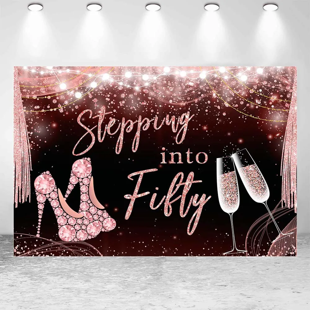 Mocsicka Women 50th Birthday Party Decor Photo Background Glitter Pink High Heels Diamond Stepping into Fifty Backdrop Photocall