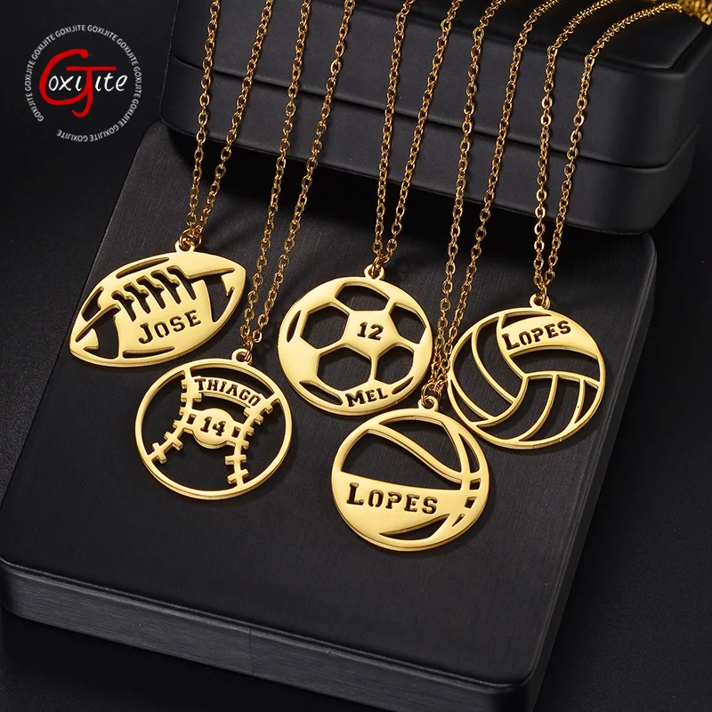 

Goxijite Custom Name Basketball Football Pattern Necklace Stainless Steel Gold Color Sports Series Jewelry Gift For Women Men