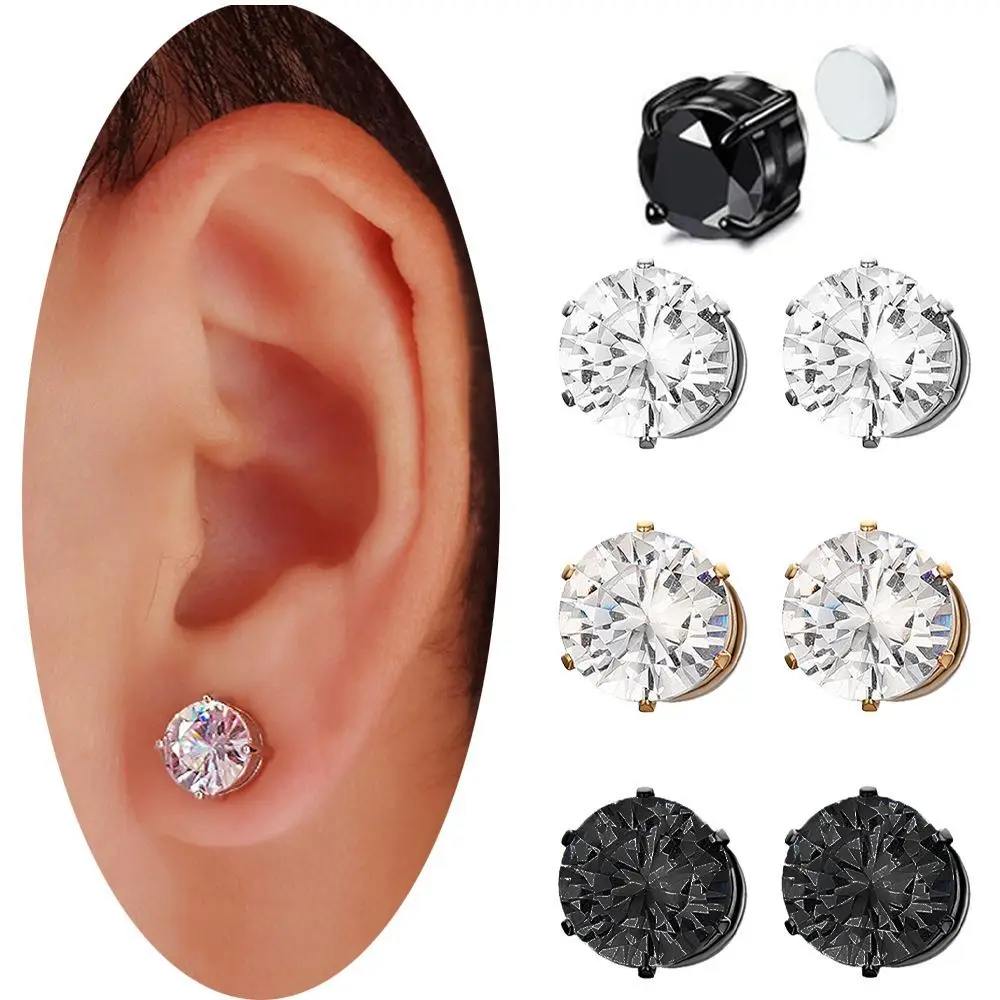 1Pcs Fashion Punk Crystal Magnetic Earrings For Men Women Round Carbon Steel Ear Clips No Piercing Jewelry Gifts