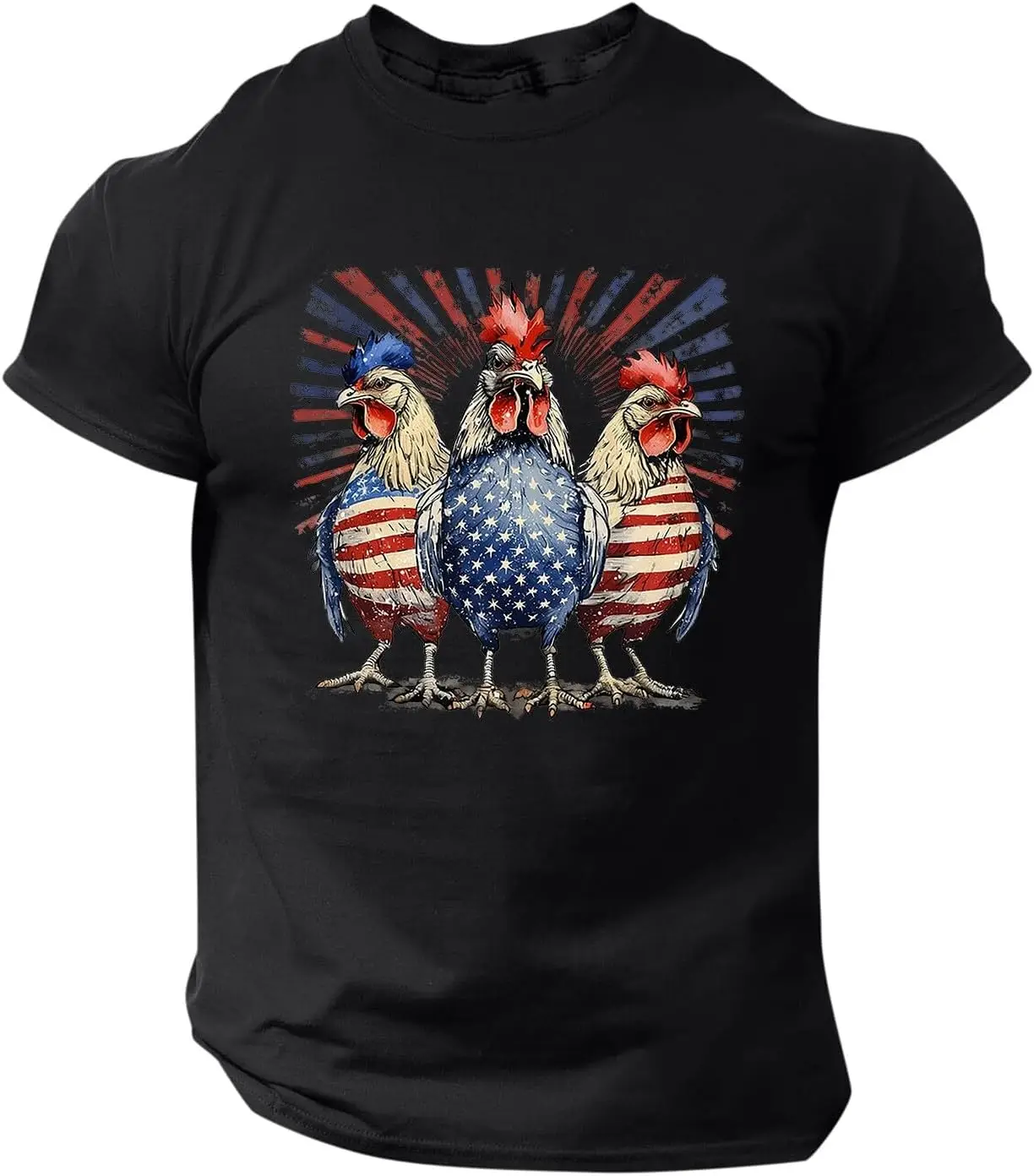 Funny Chickens American Flag Fireworks Farmer 4th of July T-Shirt Mens Casual Short Sleeve Patriotic Graphic Tee Tops