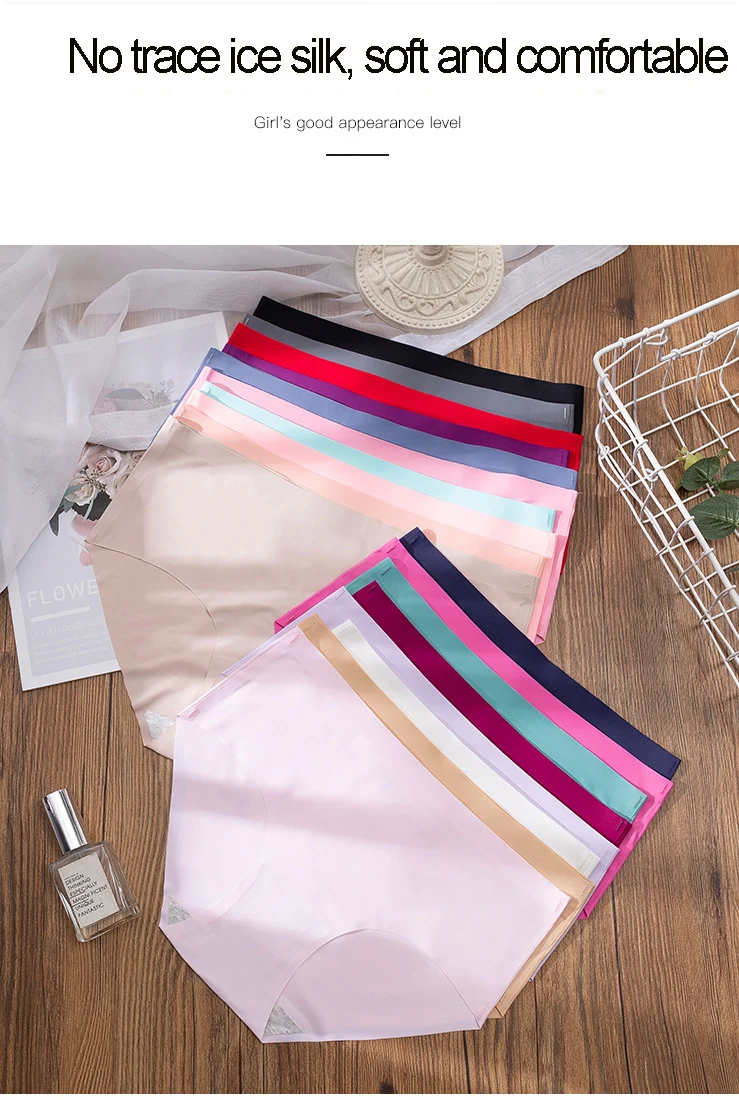 3Pcs Plus Größe Unterwäsche frauen Höschen Eis Seide Einfarbig Damen Nahtlose Unterhose Mädchen Briefs Atem Sexy Dessous weibliche – Detail 2