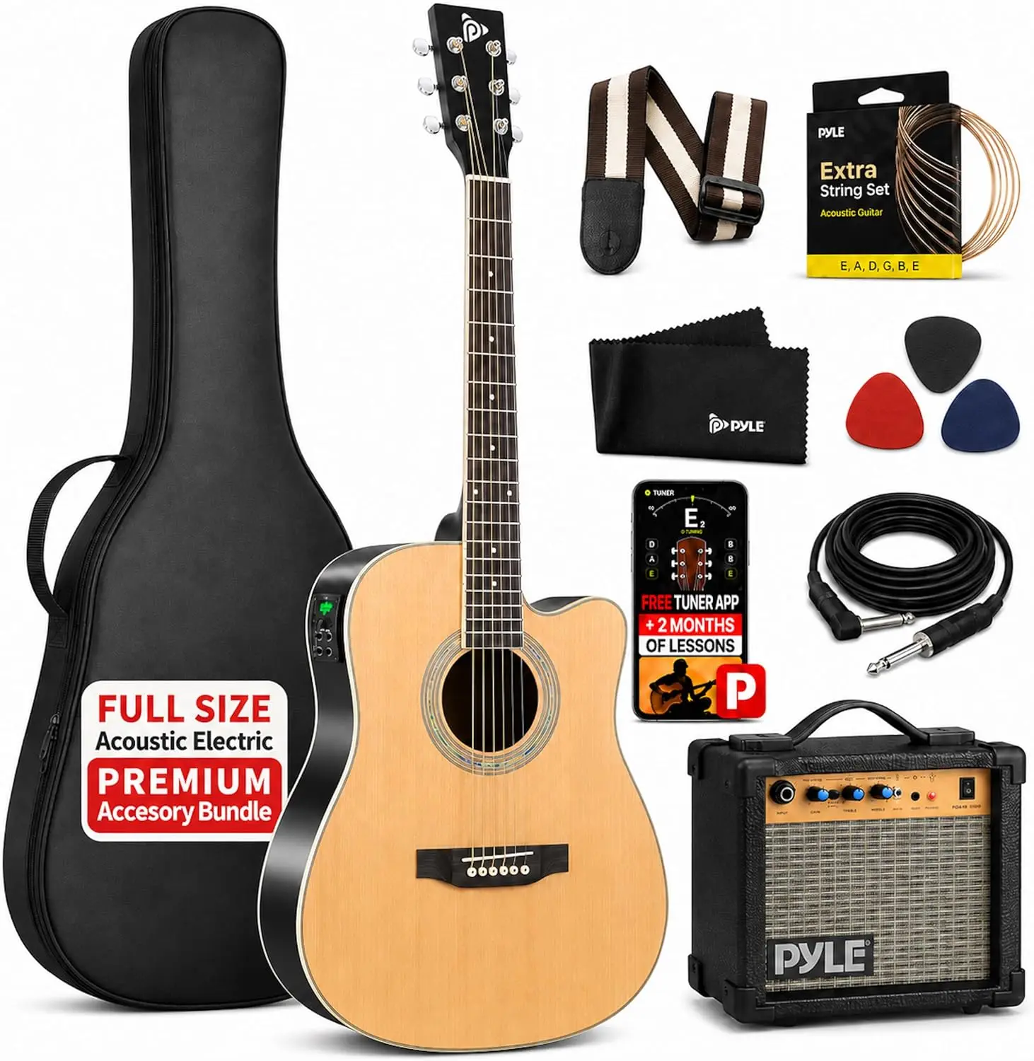 41-Inch Full-Size Electric Acoustic Guitar Set, 6-String Cutaway Dreadnought Body, Natural Matte & Gloss Finish, 4-Band EQ, 10W Amp, Gig Bag, Strap, Picks, Spare Strings, Cable