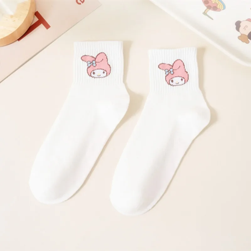 5Pairs Women HelloKitty Melody Cartoon Socks Cute Kawaii Breathable Mid Calf Casual School Style