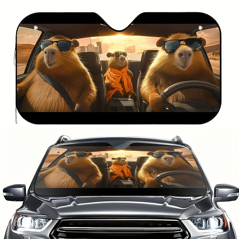 

1pc Capybara Road Trip Car Sun Visor Stylish Visor with Cartoon Capybaras in Glasses Orange Outfit Fits Most Vehicles
