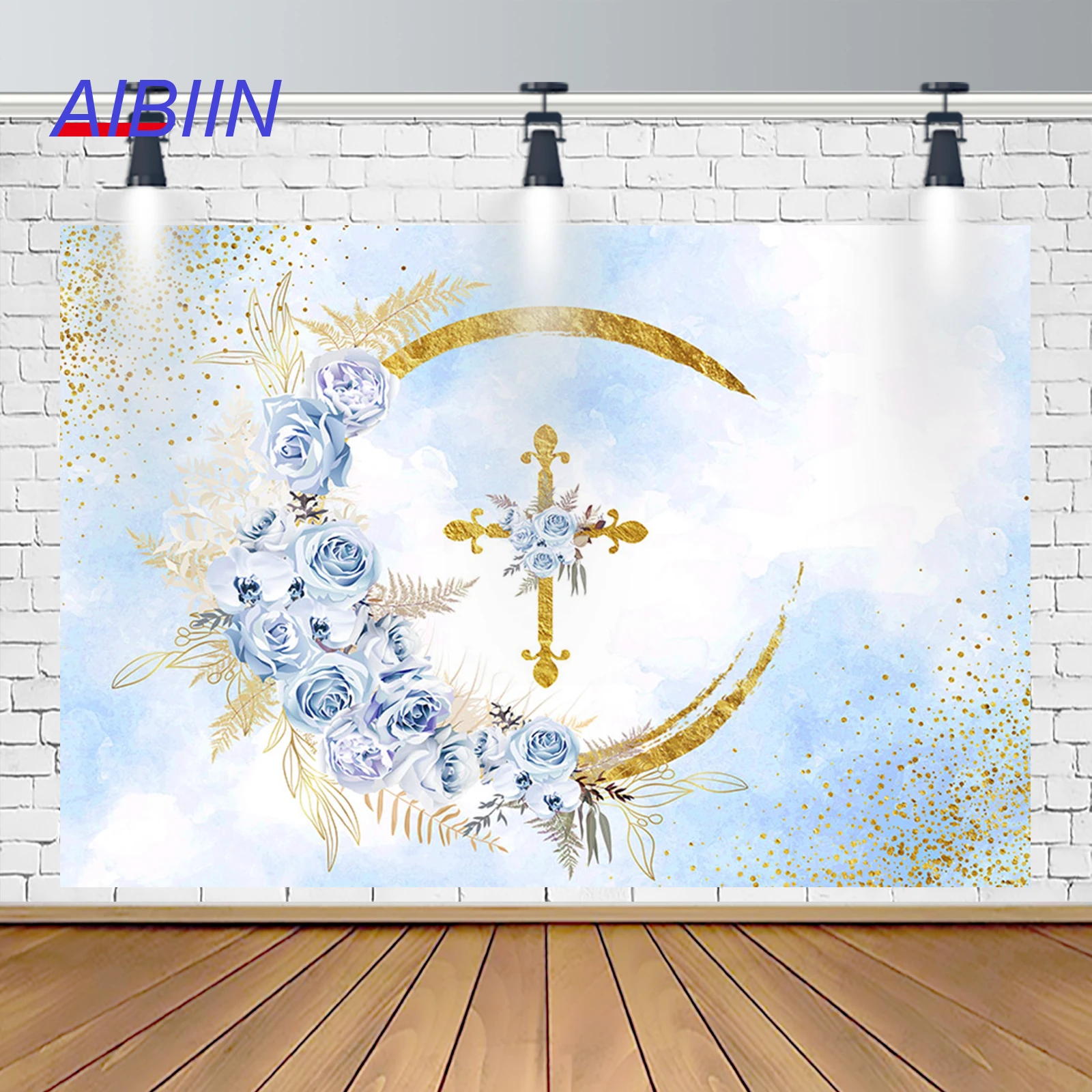 

God Bless Baptism Photography Background Floral Gold Glitter Dots Backdrop Boy First Holy Communion Christening Party Decoration