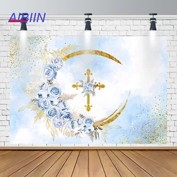 God Bless Baptism Photography Background Floral Gold Glitter Dots Backdrop Boy First Holy Communion Christening Party Decoration