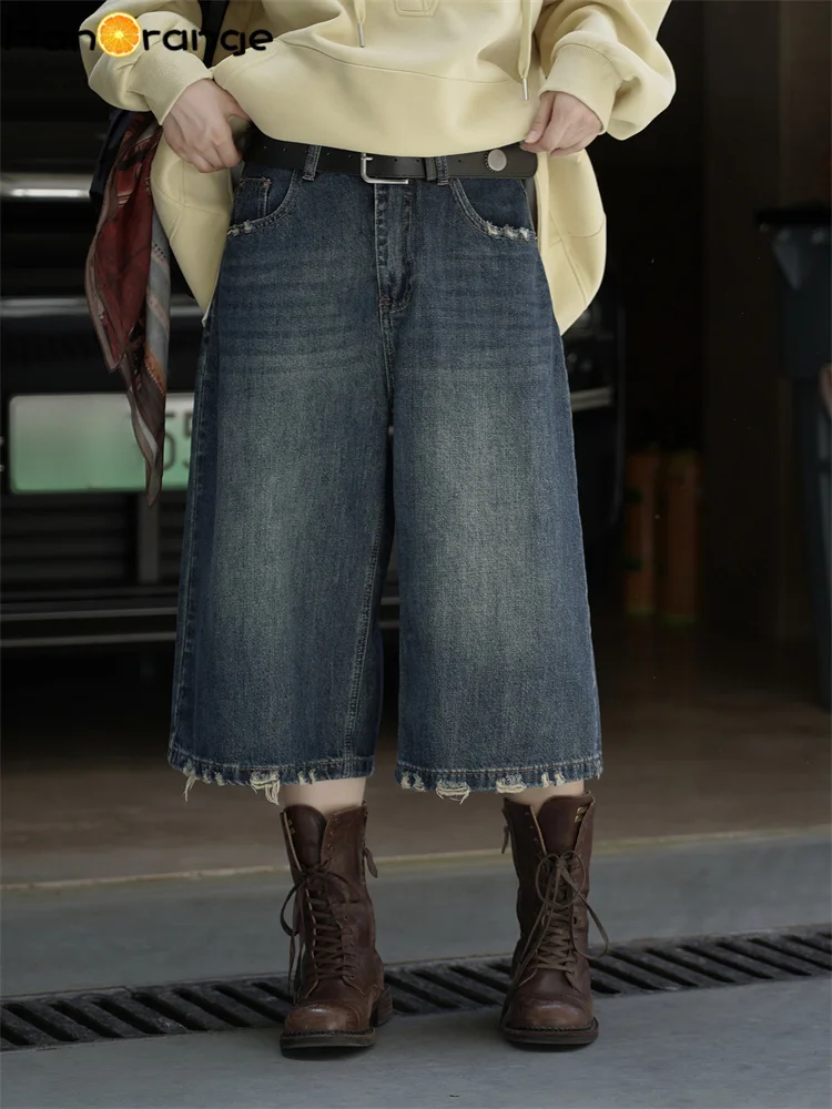 

HanOrange 2025 Autumn Winter Raw Edge Straight Leg Denim Capri Pants Women Loose Calf-Length Jeans Blue with Belt
