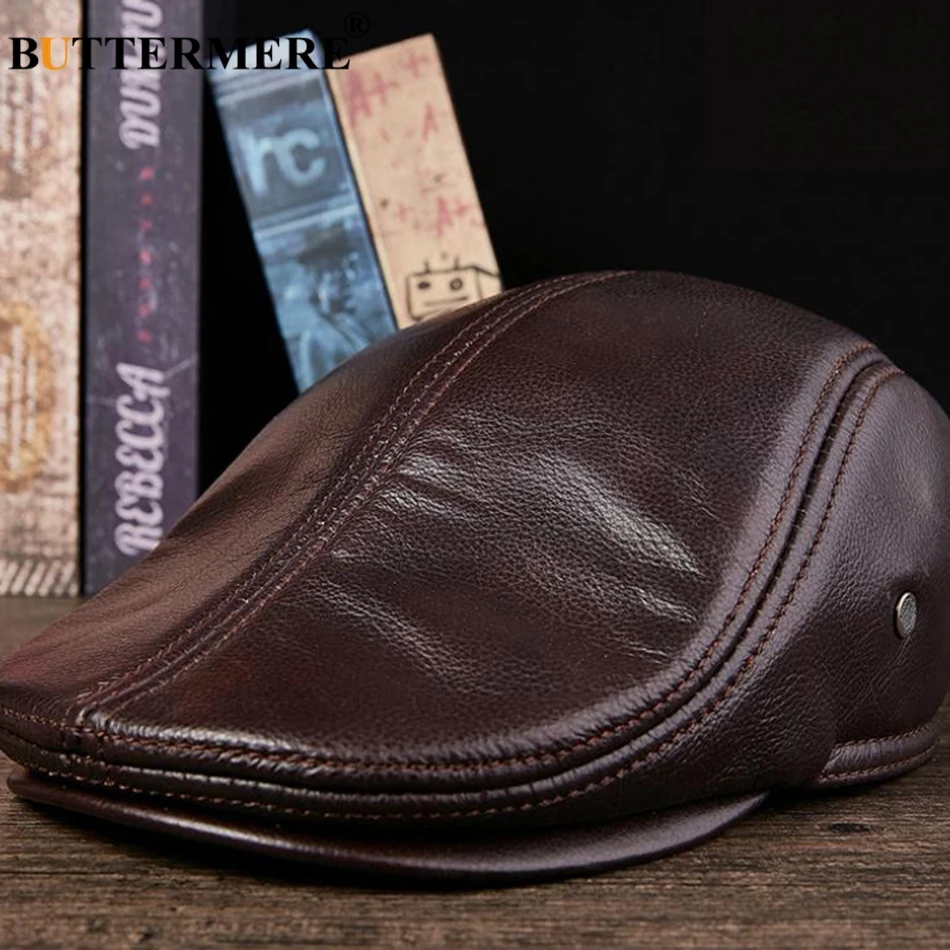 BUTTERMERE berretti piatti da uomo in vera pelle cappelli a becco d\'anatra berretti paraorecchie cappellini da uomo Casual neri cappellini da guida