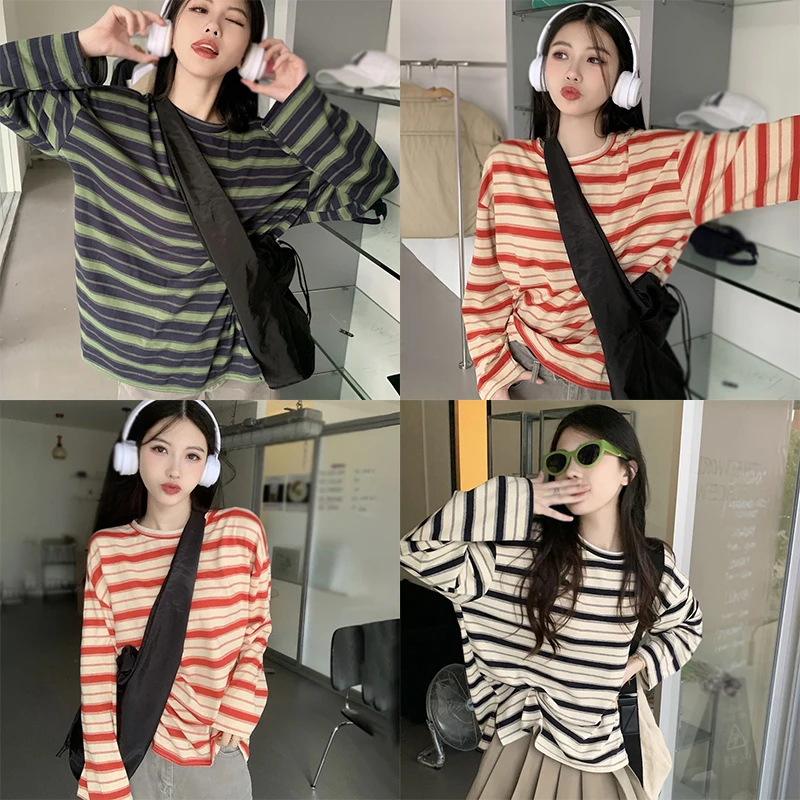 T-shirts for Women Streetwear Woman Clothing Y2k T-shirts Korean Fashion Striped Long sleeve T-shirts Student Tops