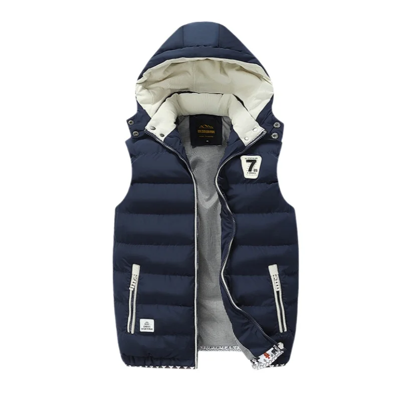 Autumn Winter Mens Hooded Sleeveless Vest Casual Slim Fit Stand Collar Down Cotton Waistcoat Outdoor Fleece Thick Padded Vest