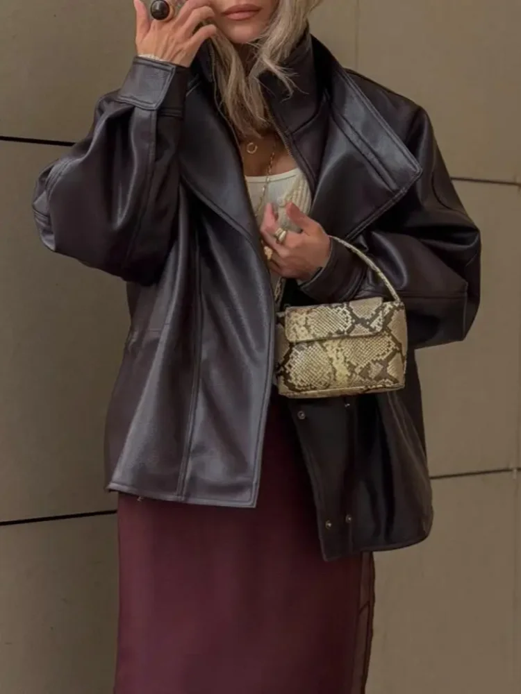 

Vintage Double Layer Collar Women's Jacket Oversize Waist Drawstring Zipper Leather Coat 2026 Spring New High Street Outerwear