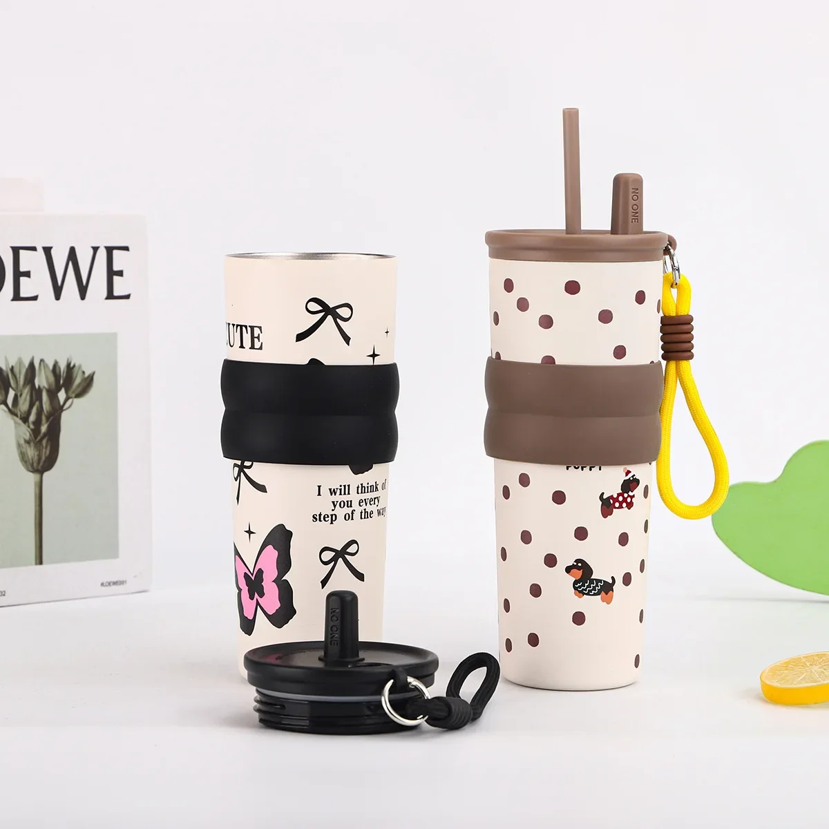 

Thermos Cup 1pc High Appearance Level Stainless Steel Portable Refrigerator with Straw Outdoor with Rope To Protect Cold Bar Cup