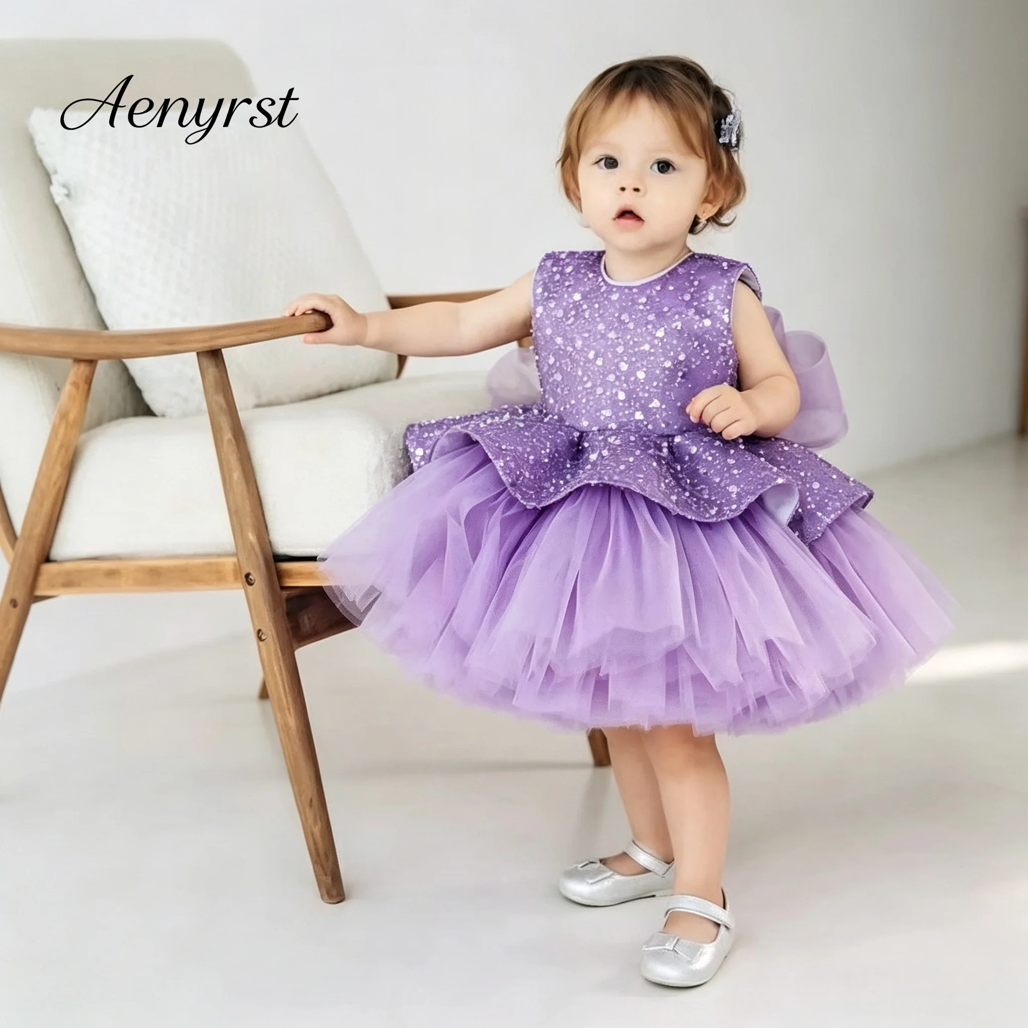 Round Neck Sleeveless Sequin Peplum Baby Girls Formal Dress Big Back Bow Tulle Puffy Toddler Flower Girl Party Gown