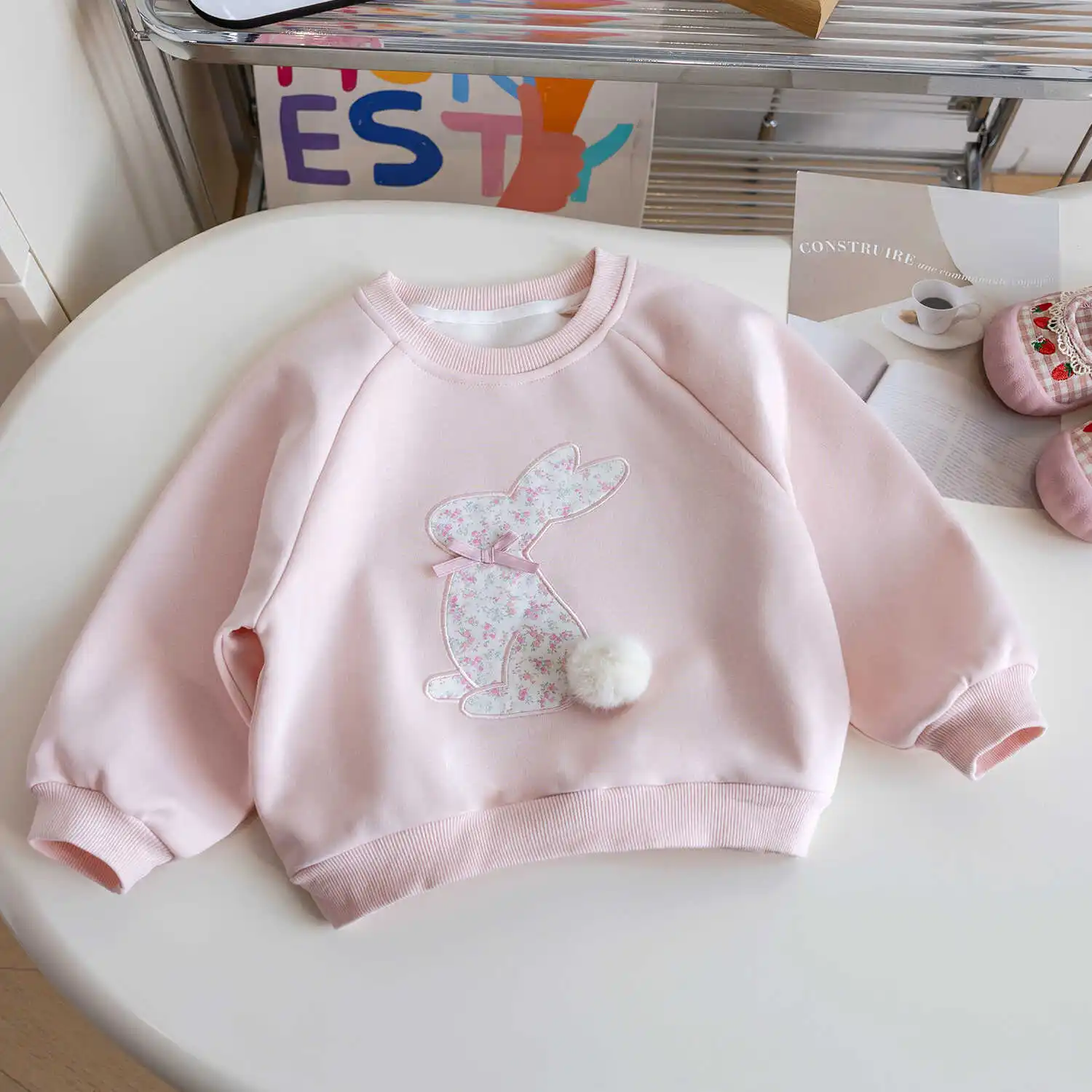 Kids Girls Cute T-Shirt Floral Print Rabbit Fluffy Ball O-neck Hoodies Long Sleeve Pullover Casual Tops Shirt 1-6Y Children Wear