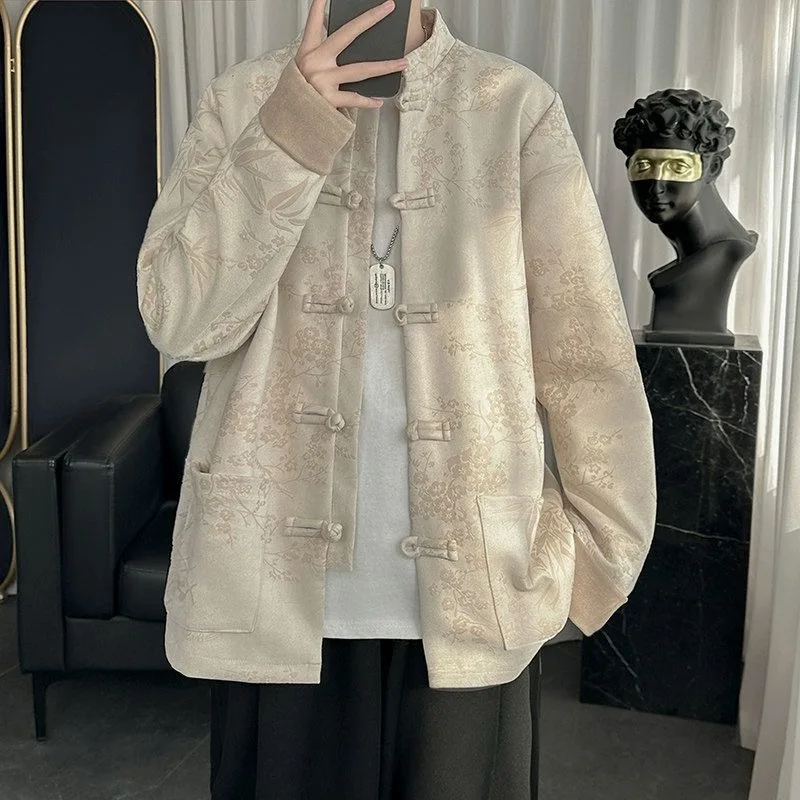 

Новый китайский мужской воротник-стойка Design Sense High ade Reformed Tang Han Su irt Jaet Autumn Long Sve Floral