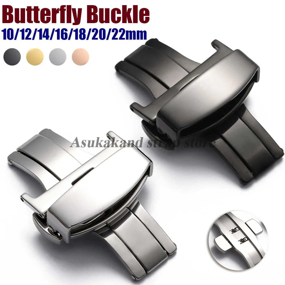 10mm 12mm 14mm 16mm 18mm 20mm 22mm fivela borboleta de aço inoxidável polido botão bloqueio pulseira de relógio de couro fecho de metal