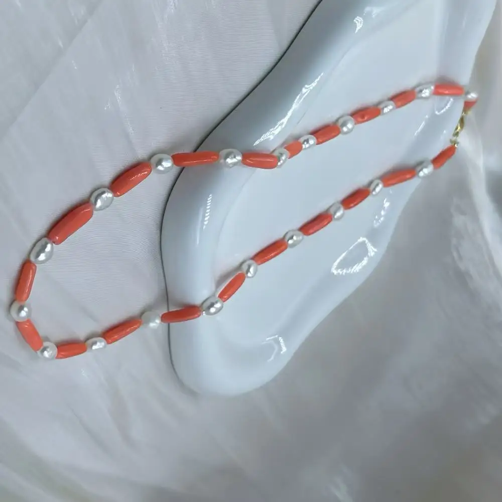 4 مللي متر 5x7 مللي متر 17-20 بوصة مجوهرات الأزياء البحر الطبيعي الخيزران البرتقالي المرجان الأبيض لؤلؤ المياه العذبة الطبيعية قلادة قصيرة #1