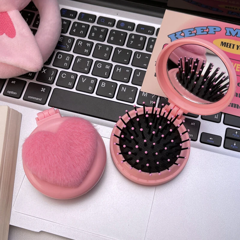 Portable Mini Pink Plush Heart Hair Comb Hair Salon Hairdressing Massage Folding Hair Brush Air Cushion Comb Makeup Beauty Tools