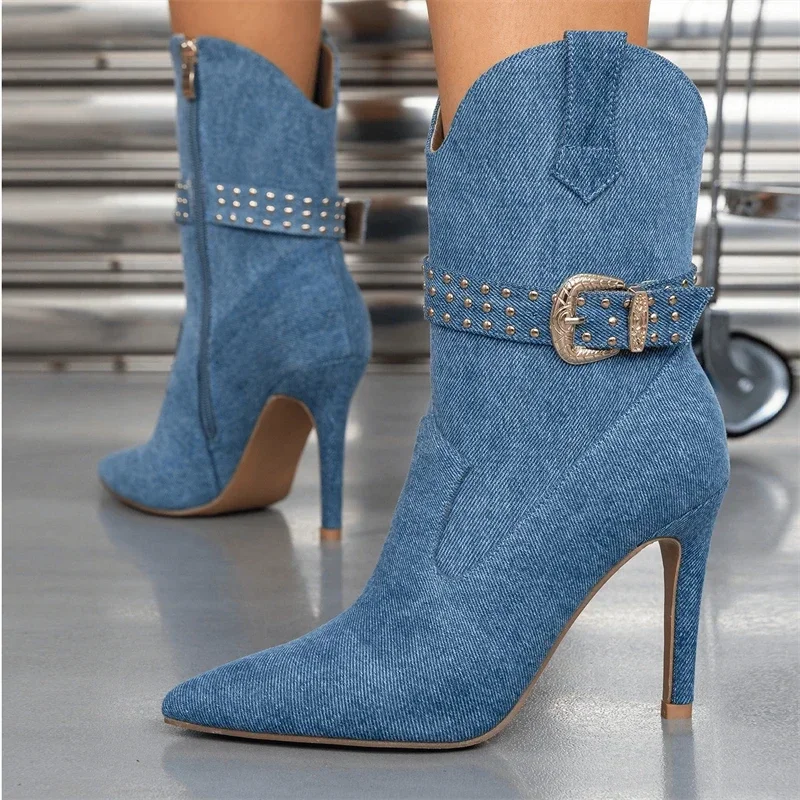 

Aneikeh модные пикантные женские ботильоны на тонком высоком каблуке для вечеринки, выпускного вечера, молнии, Botas, джинсовый ремень с пряжкой, острый носок, женские ботильоны, обувь Para Mujer