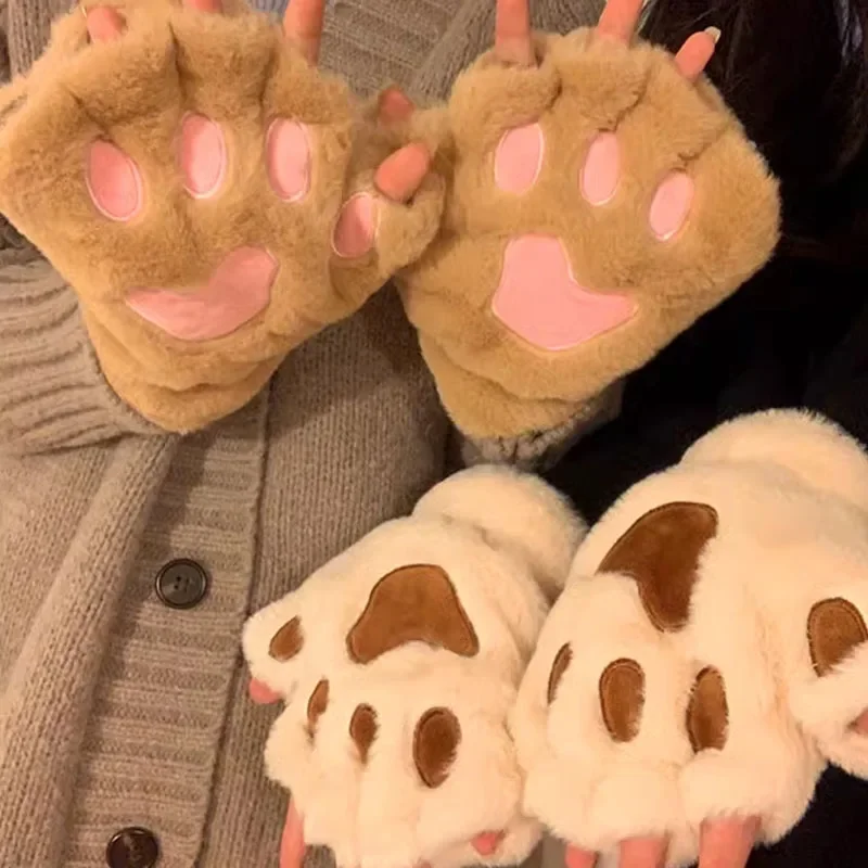 Unisex Cute Cat Claw Paw Plush Mittens Warm Soft Plush Short Fingerless Fluffy Bear Cat Gloves Costume Half Finger Party Gift